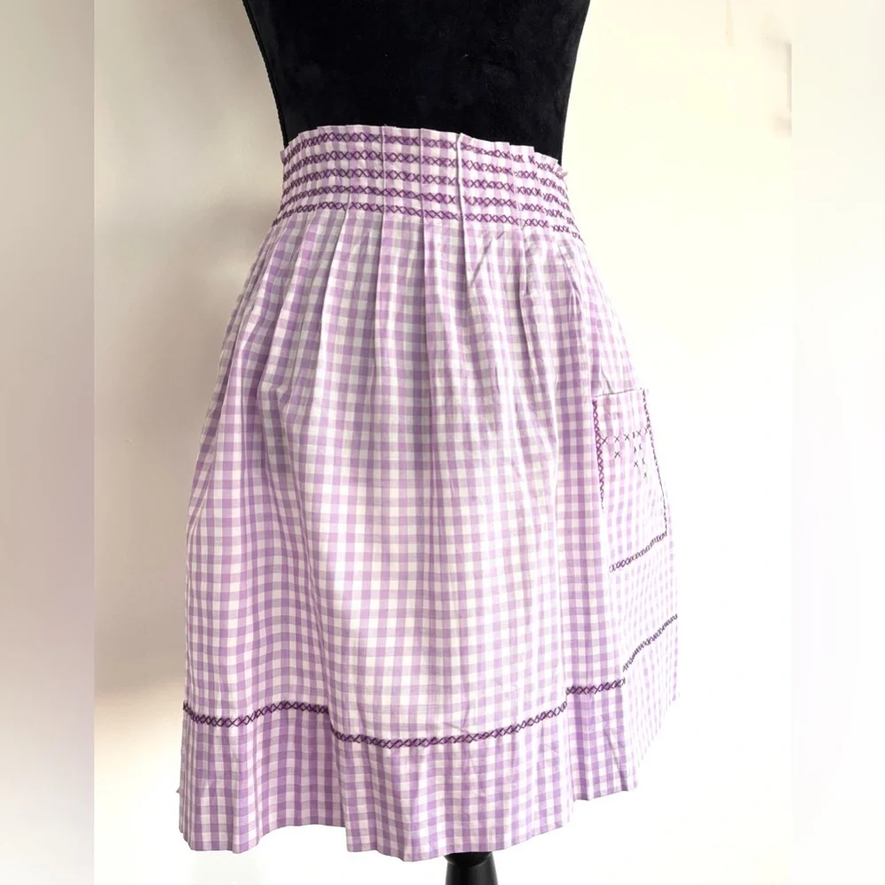 Vintage Handmade Apron Purple Gingham Tie Back , Pocket Cross Stitch Detailing